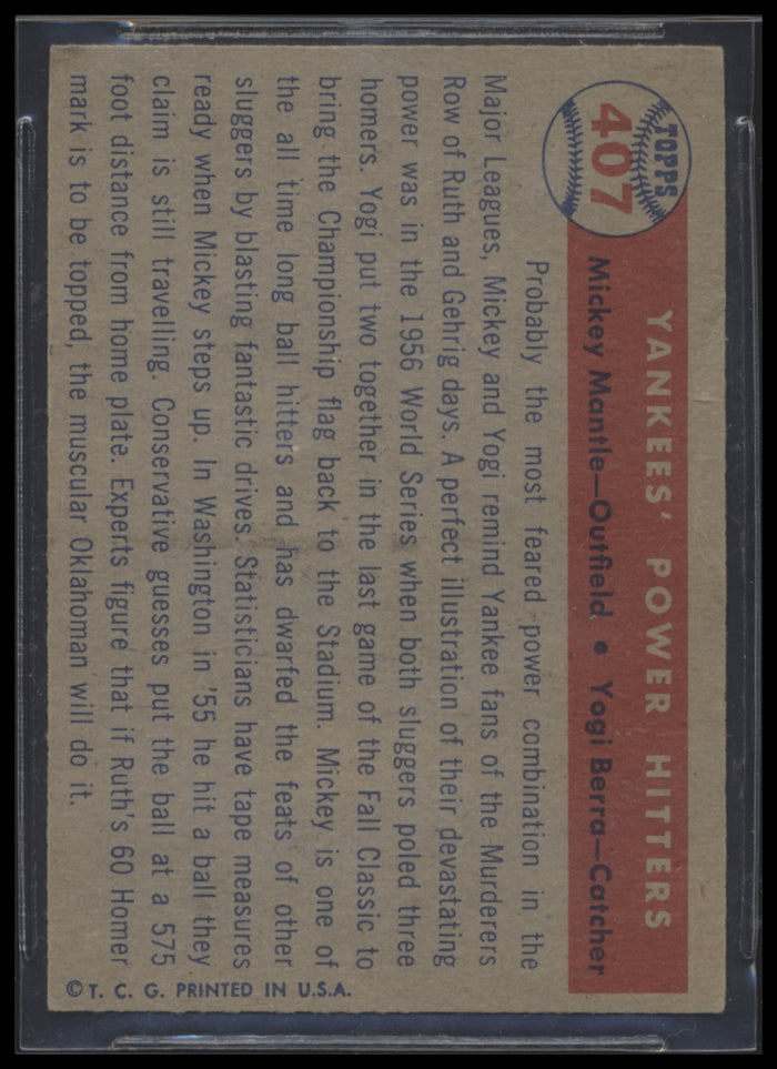 1957 Topps #407 Yankees Power Hitters/mickey Mantle/yogi Berra Bgs 3