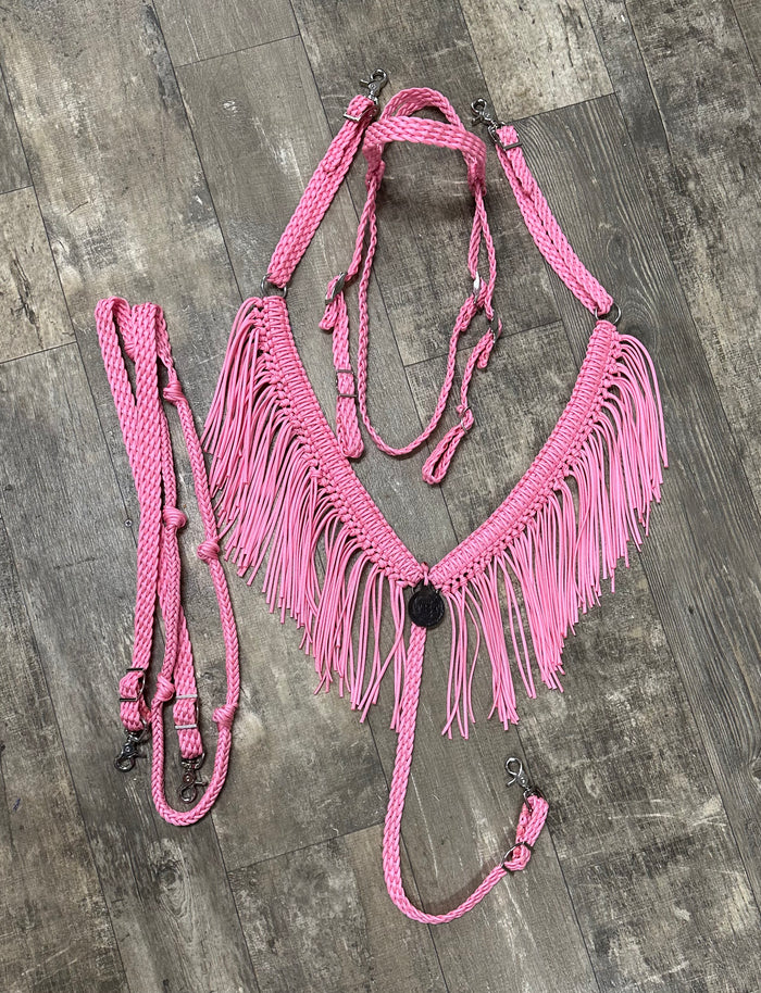 Pink Fringe horse tack set, (fringe breast collar, reins, and bridle)
