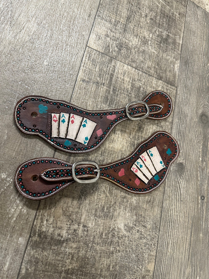 Hand tooled and painted deck of cards spur straps