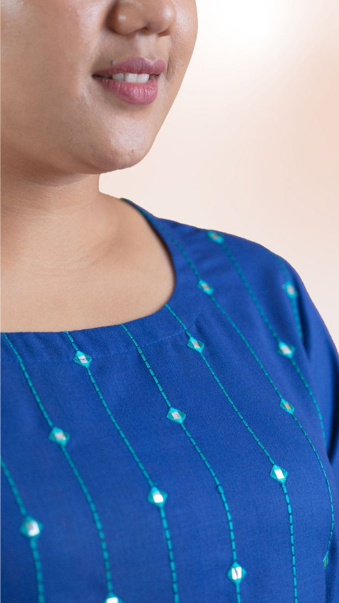 Blue Mirror Work Straight Long Kurti