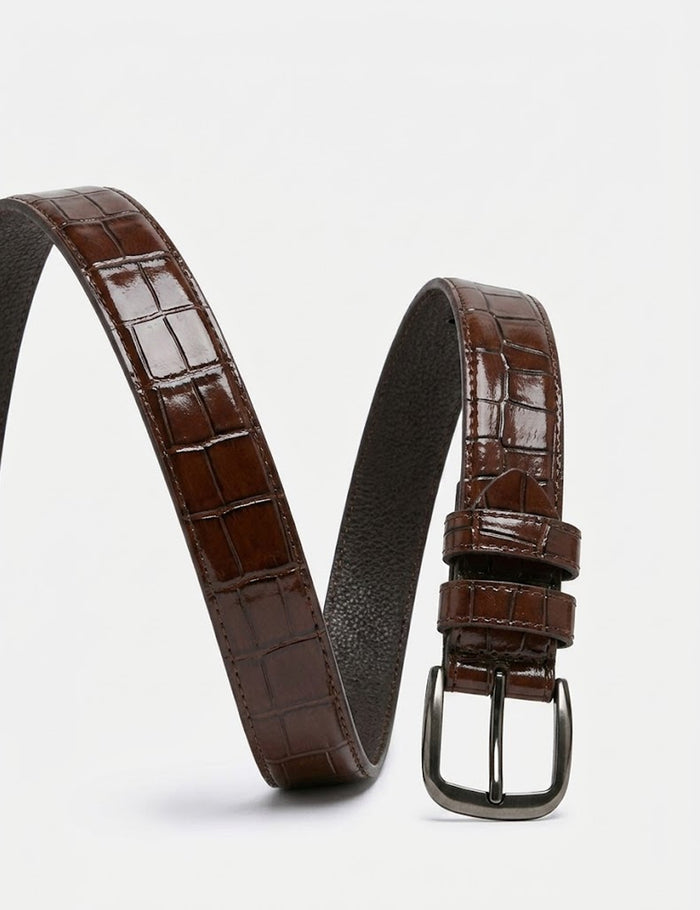 Classic Embossed Crocodile Leather Belt | Dark Brown