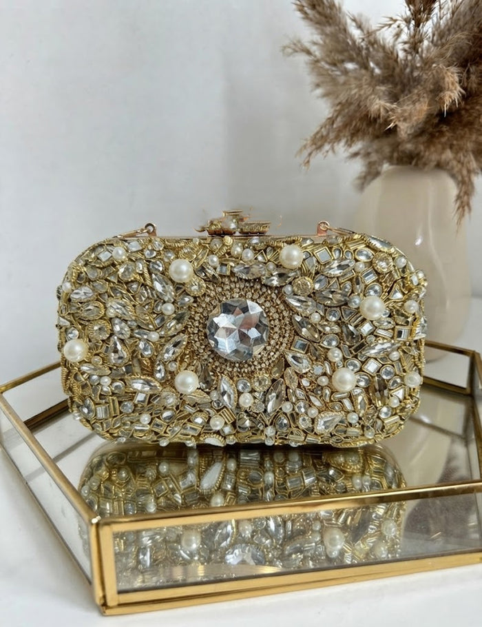 Crystal Box Clutch – Gold Rhinestone Bridal Handbag with Chain