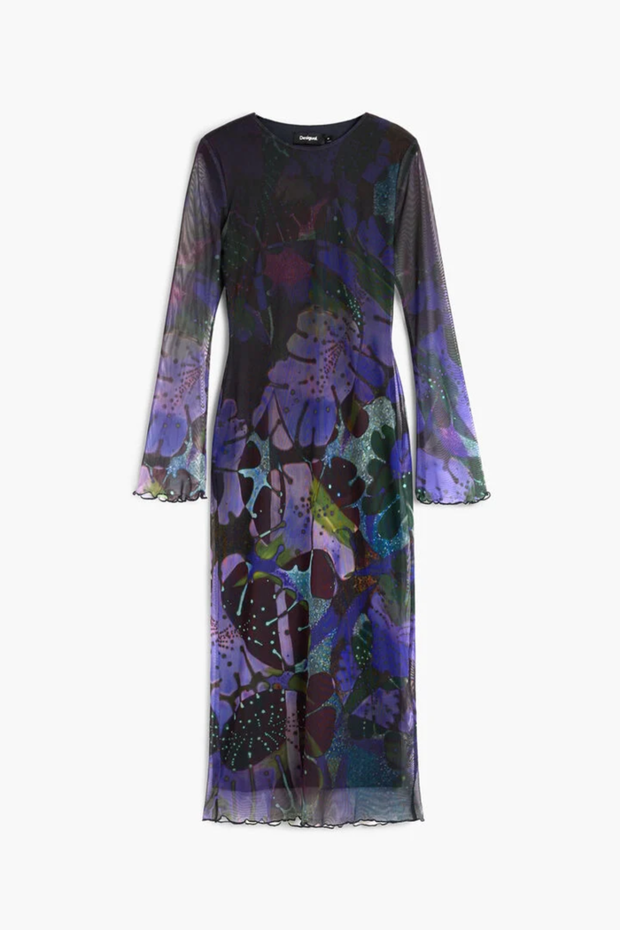 Desigual x M. Christian Lacroix Printed Tulle Maxi Dress – Purple front view. Shop Desigual at Dotique.