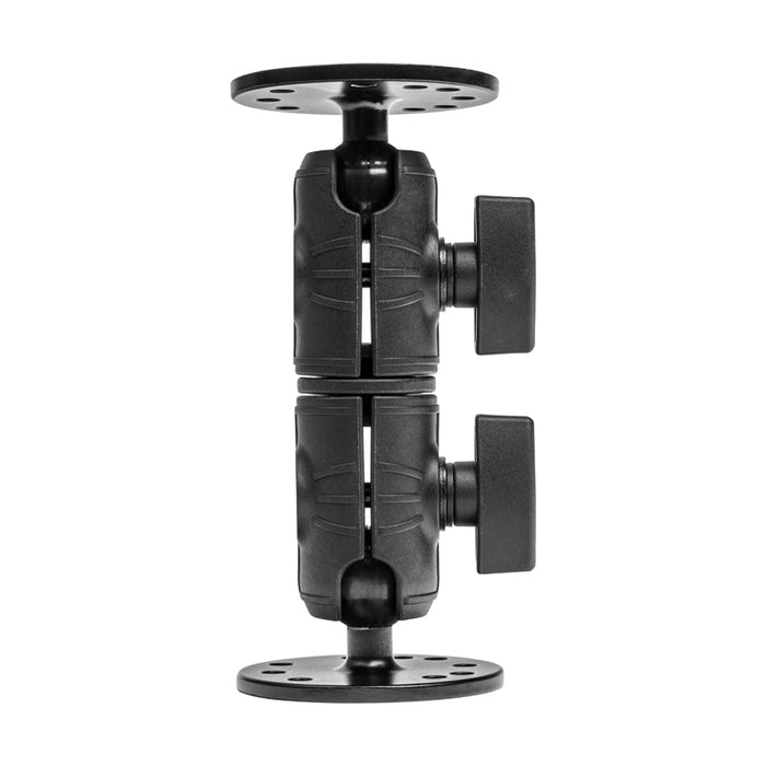 The Double Socket Swivel Arm with Circular Mount Plates is a black, adjustable bracket featuring tightening knobs and circular mounts on each end, shown upright against a white background, designed for secure device mounting.