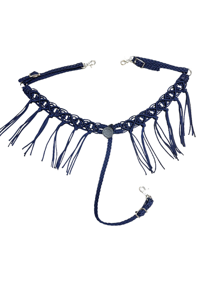 fancy macrame fringe breast collar midnight blue with white beads