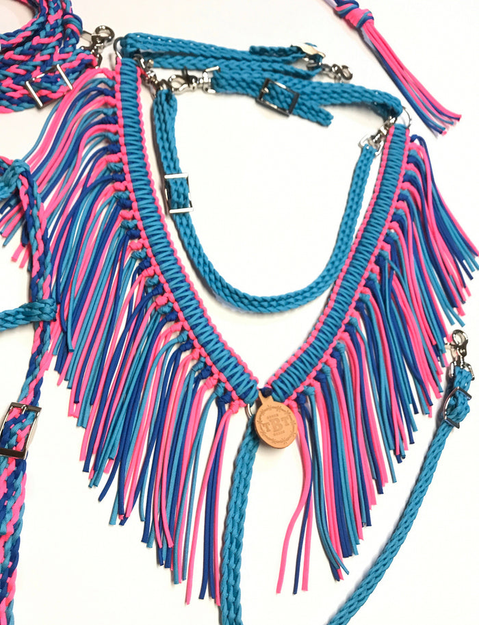 Fringe Breast Collar tack set pink, purple and turquoise