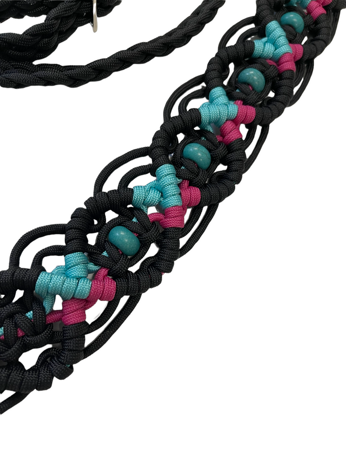 Gemstone fancy macrame breast collar with matching bridle, wither strap, and barrel reins
