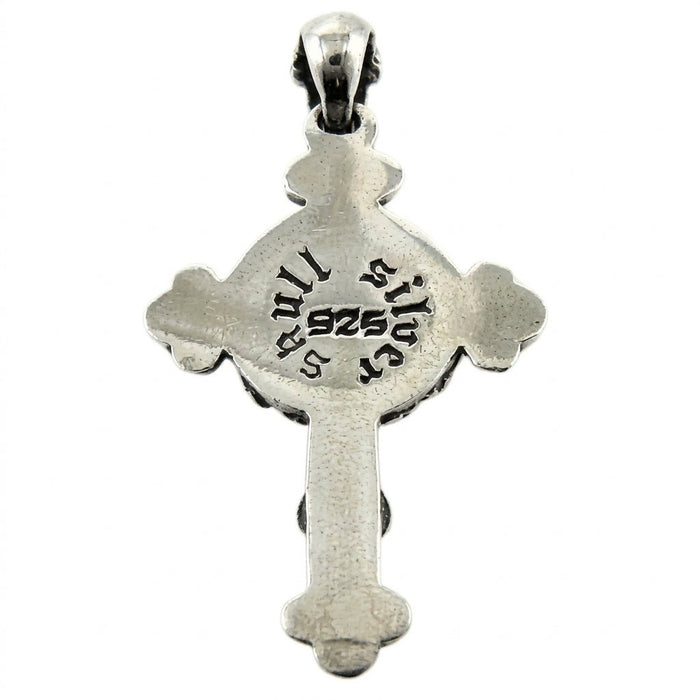 Reverse side of the cross pendant showing the 925 sterling silver hallmark and Skull Silver engraving.