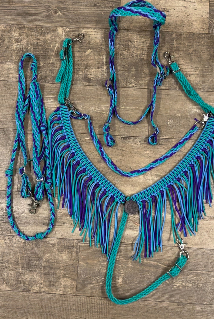 Green turquoise light blue and purple Tack set - Tiffanys Braided Tack LLC