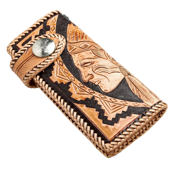 An alternative angle of the Southwestern style tooled leather wallet.