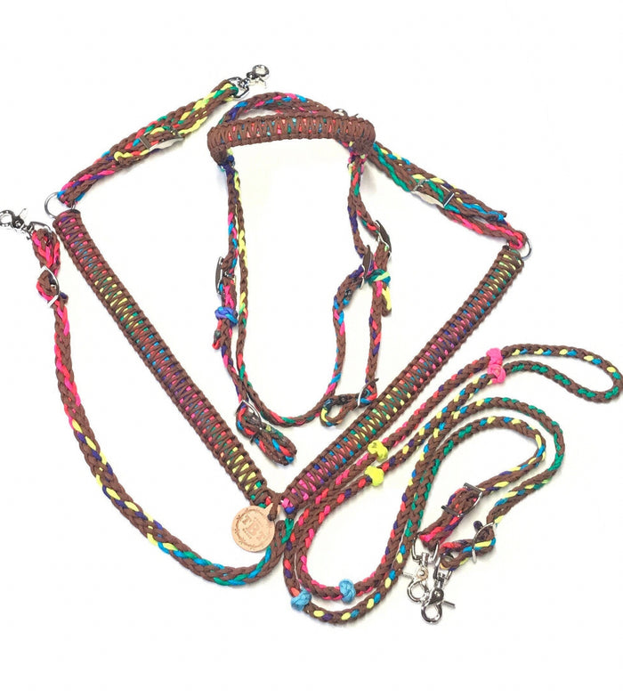 horse tack set, (breast collar, barrel reins, and browband bridle)