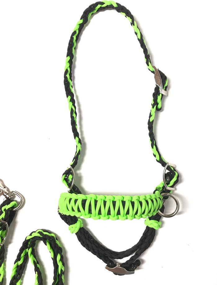 Lime green and black tack set all sizes , (breast collar, wither strap, reins, and bitless bridle)
