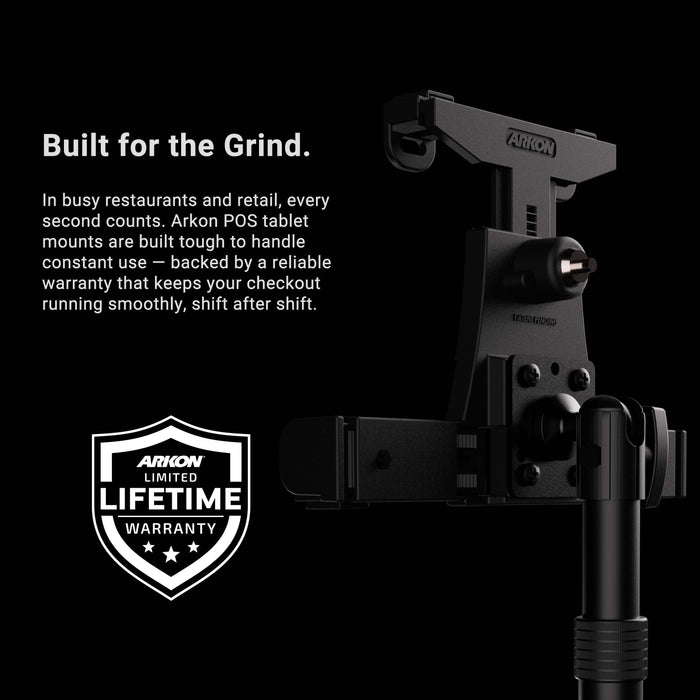 The LockVise™ POS Locking Tablet Stand is shown in close-up, with text highlighting its durability and lifetime warranty. This secure POS mounting system features a locking tablet holder for added security. The image also displays a shield-shaped badge labeled “Lifetime Warranty” along with Arkon branding.
