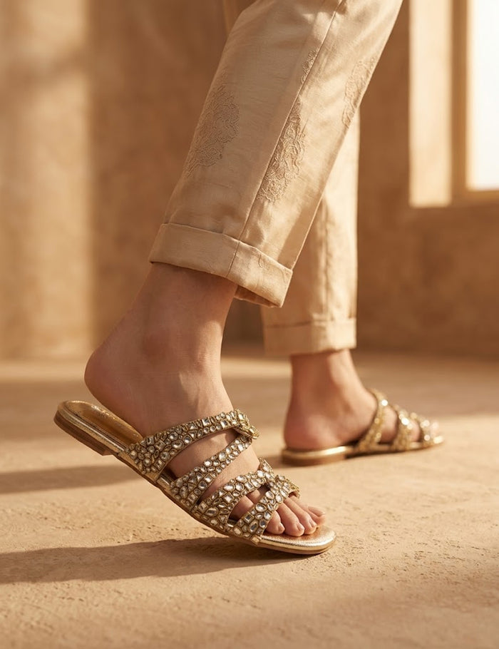Luxury Jeweled Sandals | Gold Crystal Flats