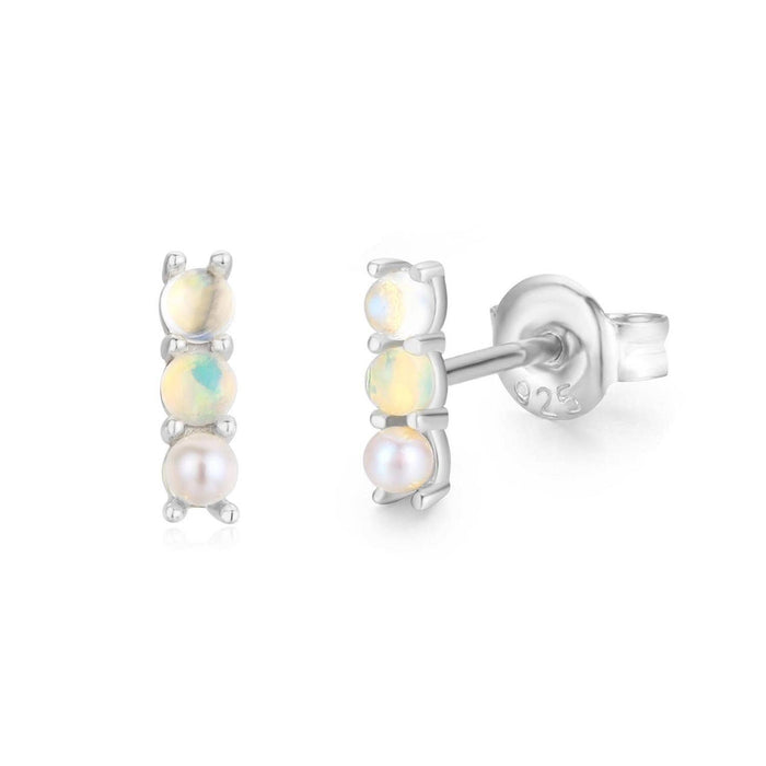 Moonstone Opal Pearl Trio Bar Earrings White Gold