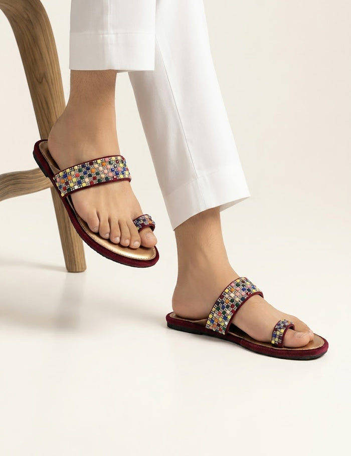 Multicolor Beaded Toe-Ring Slides - Handcrafted Jeweled Flat Sandals