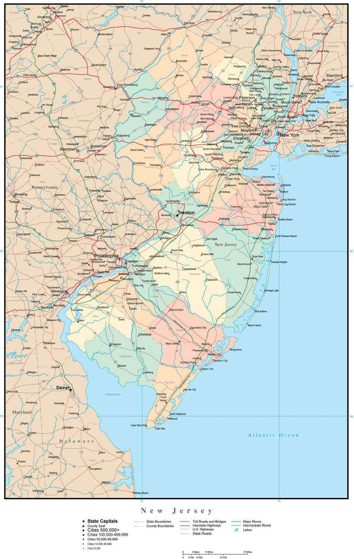 New Jersey Map with Counties, Cities, County Seats, Major Roads, Rivers and Lakes