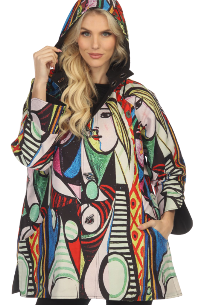 Oopera J2639RW-2 Reversible Rain Coat Girl Before a Mirror Pablo Picasso worn by model. Shop Oopera at Dotique
