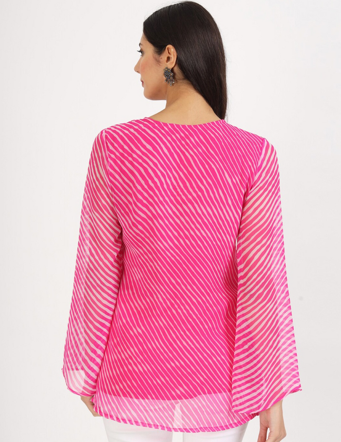 Vibrant pink and white georgette leheriya short kurti for casual and semi-formal wear.