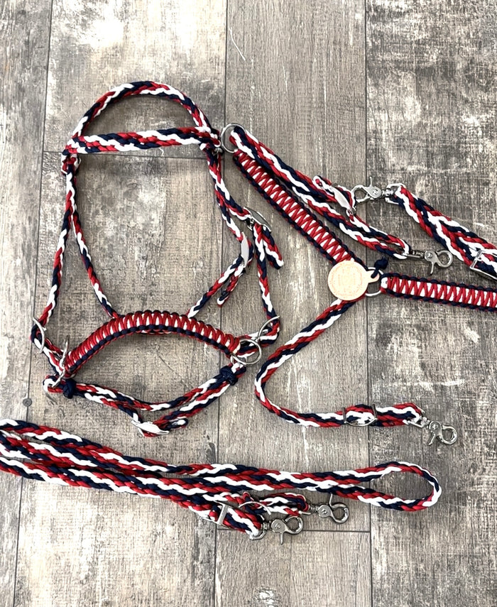 Red white and black tack set all sizes , (breast collar, wither strap, reins, and bitless bridle)