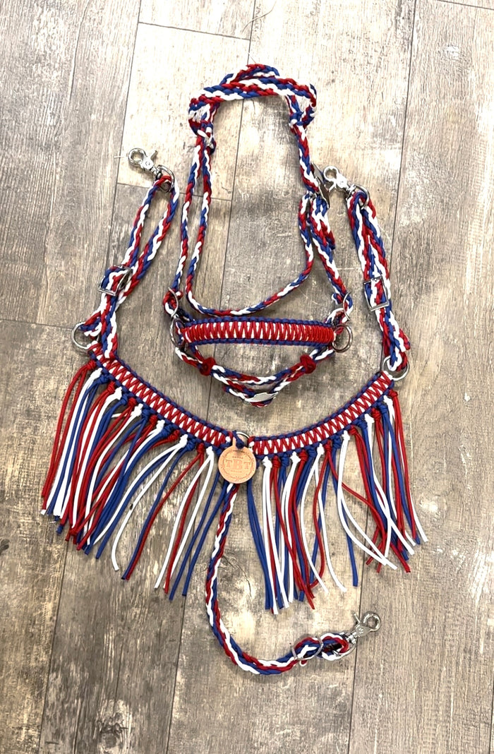 Red white and blue tack set all sizes , (breast collar and bitless bridle)