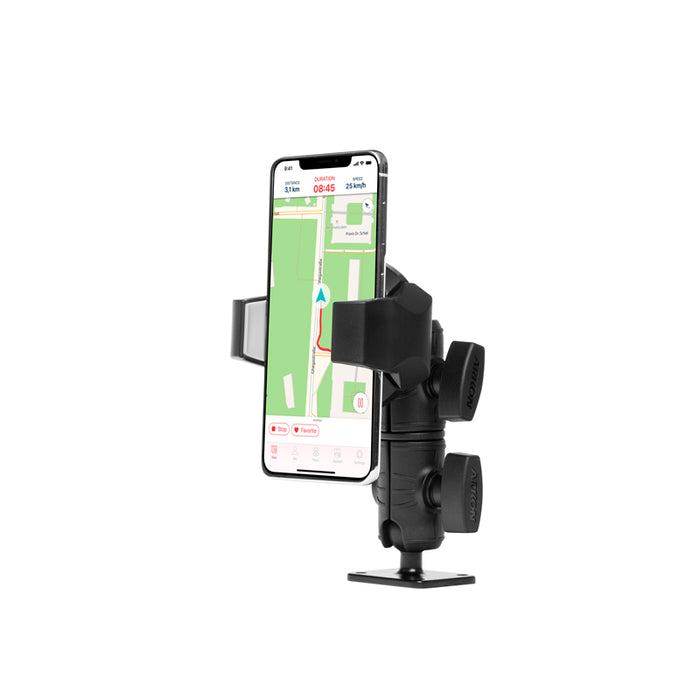 A smartphone in the RoadVise® Ultra Phone Mount with Double Socket Swivel Arm displays a navigation map. The black, adjustable holder with a sturdy base suits dashboard or windshield use. White background.
