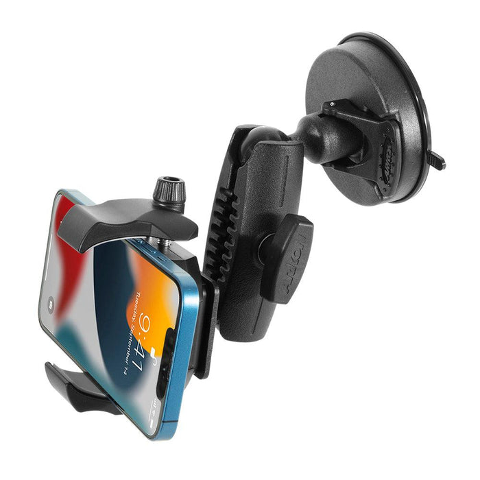 The RoadVise® Ultra Sticky Suction Phone or Tablet Mount securely holds your smartphone in landscape mode with adjustable arms, a swivel joint, and a locking mechanism for enhanced stability on your windshield.
