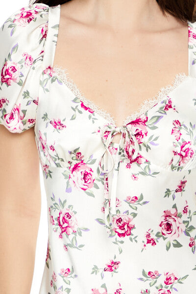 Satin Rose Puff-Sleeve Mini Dress