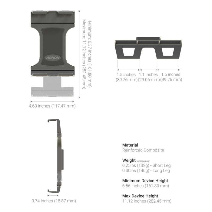 Diagram showing a gray Tablet Cup Holder Mount with Slim-Grip® Ultra Pro Holder - 25mm, featuring various views and detailed dimensions such as the minimum and maximum device height, width, and thickness. The diagram also displays text listing materials, weights, and precise measurements for different components, highlighting its suitability for use as both a car tablet mount and a cup holder mount.