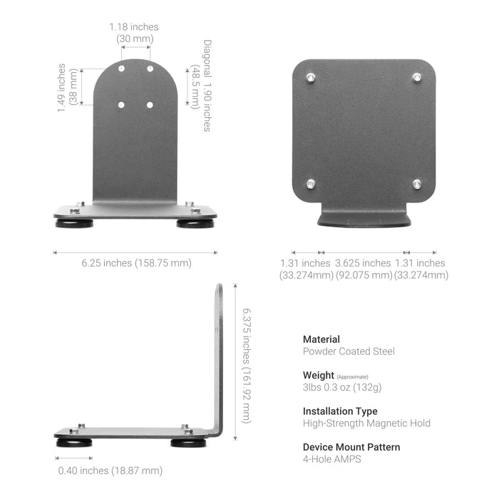 Three views of the SteadyMag™ Magnetic Mounting System, a gray powder-coated steel bracket, with labeled dimensions, installation type, weight, and 4-hole AMPS compatible mount pattern details.