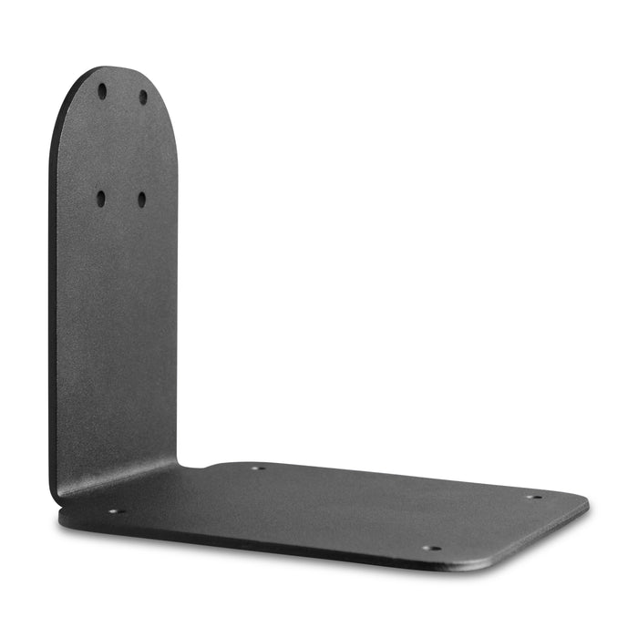 The SteadyMag™ Mounting Bracket is a black, heavy-duty steel L-shaped bracket with four screw holes per side, designed for securely mounting or supporting objects on walls or other flat surfaces.