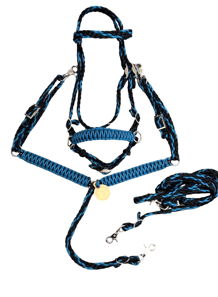tack set all sizes carribean blue and black , (breast collar, reins, and bitless bridle)