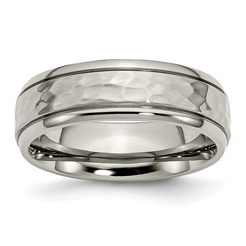 Titanium 7mm Grooved Edge Hammered And Polished Band, Size 10 (88794)