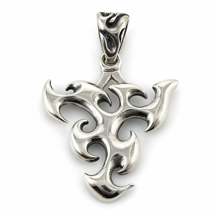 The sterling silver frame of the guitar pick holder shown by itself, highlighting the tribal flame carvings.