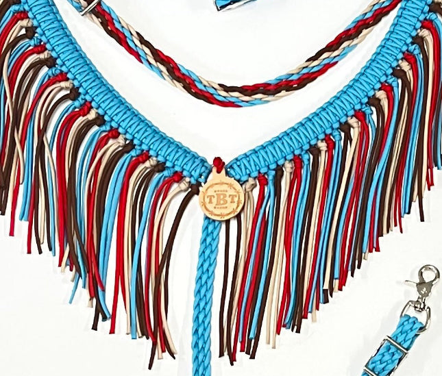 Turquoise horse tack set, (fringe breast collar, wither strap, reins, and bridle)