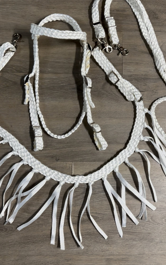 White Mule tape tripping collar set with browband headstall and reins