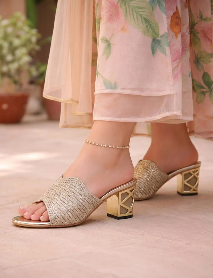 Women’s Gold Block Heel Mules with Geometric Cut-Out