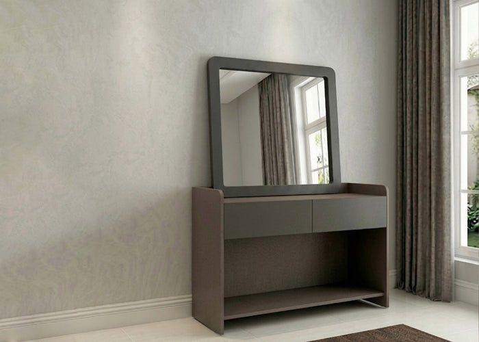 Dark gray dresser with open shelf and rectangular wall mirror