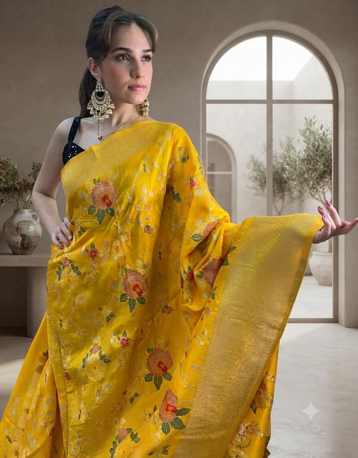 Yellow Floral Silk Saree