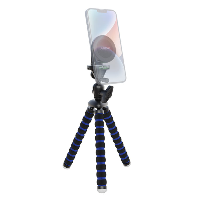 The Magnetic Phone Holder with 11 Flexible Tripod—MagSafe compatible—features a flexible black and blue design for securely holding your smartphone upright, perfect for content creators, shown against a white background.