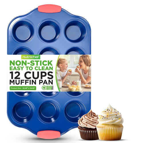 12 Cup Muffin Pan - Deluxe Nonstick Blue Coating Inside & Outside With Red Silicone Handles,  Compatible With Models: Ncsbsbl10, Ncsbsbl8, Ncsbsbl6 (Blue)