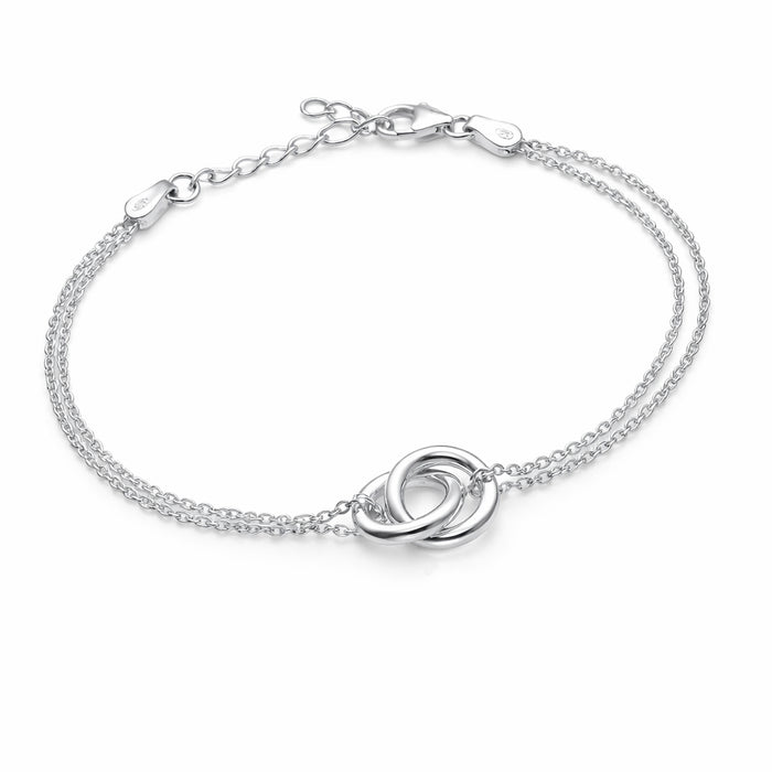 Armband i 925 silver till dam med kedjor och två sammankopplade ringar.
