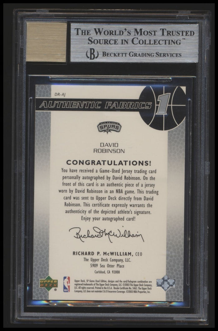 2003 SP Game Used #DR-AJ David Robinson Authentic Fabrics Autographs bgs 8 NMMT
