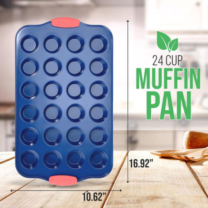 24 Cup Muffin Pan - Deluxe Nonstick Blue Coating Inside & Outside With Red Silicone Handles,  Compatible With Model: Ncsbsbl10 (Blue)