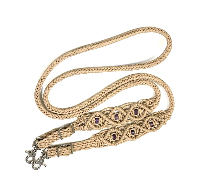 8' Fancy  braided beaded desert sand loop reins with amethyst. - Tiffanys Braided Tack LLC