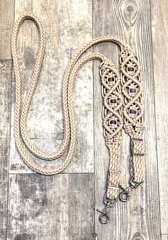 8' Fancy  braided beaded desert sand loop reins with amethyst. - Tiffanys Braided Tack LLC