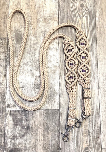 8' Fancy  braided beaded desert sand loop reins with amethyst. - Tiffanys Braided Tack LLC