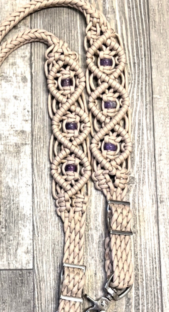 8' Fancy  braided beaded desert sand loop reins with amethyst. - Tiffanys Braided Tack LLC
