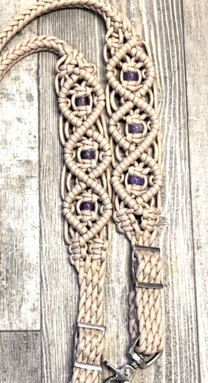 8' Fancy  braided beaded desert sand loop reins with amethyst. - Tiffanys Braided Tack LLC