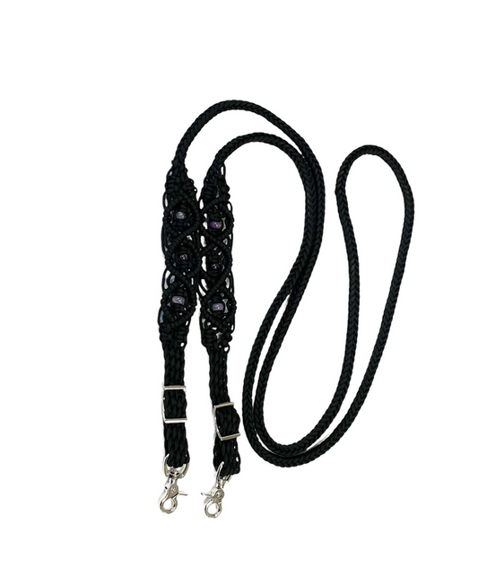 8' Fancy  braided loop reins black with amethyst - Tiffanys Braided Tack LLC